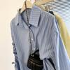 Camisa de Rayas con Cordón y Mangas Nicho Francesas para Mujer Nueva Primavera y Otoño 2025 Estilo Coreano Holgada con Aberturas en el Bajo