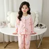 Nuevo Conjunto de Ropa de Casa Floral de Verano para Niñas, Pantalones de Manga Larga, Cárdigan con Cuello de Encaje, Pijama, Transpirable y Lindo Estilo Princesa