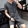 Atividade de corrida shorts de manga curta 2 peças comércio exterior verão algodão linho cor sólida camiseta masculina masculina de duas peças
