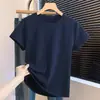 Camiseta de algodão canelado de manga curta com pequenas mangas bufantes, corte justo, gola redonda, cor sólida, versátil, macia e amiga da pele, camiseta básica, fornecimento de fábrica