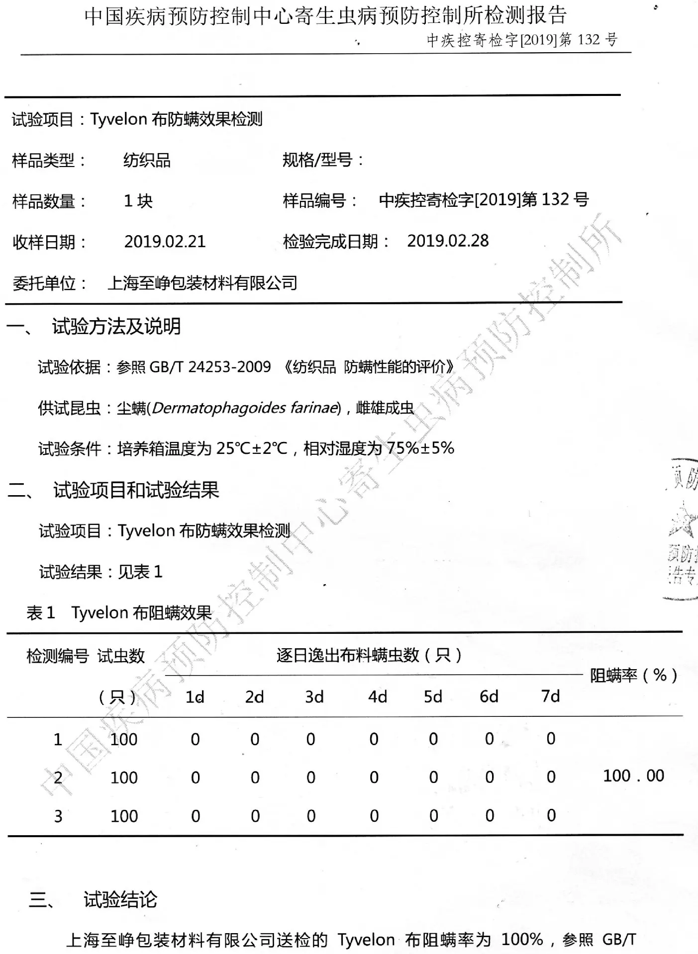 特维龙防螨检测报告