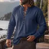 Amazon Transfronteiriça Masculina de Linho Casual com Gola Alta Camiseta Henley de Manga Longa Material de Linho Camisa Henley Vintage