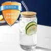 Copo de Vidro com Tampa de Bambu e Canudo Copo de Cola Copo para Bebidas Água Suco Vidro de Borossilicato Alto Copo para Chá de Leite Copo para Água de Escritório