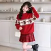 Conjunto de Suéter para Niña Otoño Invierno Rojo Oso Navideño Tejido Jacquard Lindo Moño Año Nuevo Elegante Conjunto de Dos Piezas