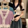 Cárdigan de punto de manga corta para mujer, estilo coreano, holgado, con escote en V, elegante y contrastante, para verano de 2023