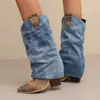 Botas de Caballero de Mezclilla con Costuras de Patrón de Serpiente Tacón Grueso Punta Puntiaguda Comercio Exterior Transfronterizo Estación Independiente Zapatos Nuevos para Mujer Botas Botas Largas