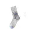 Meias fofas de gatinho em desenho animado para mulheres, meias de cano médio com combinação de cores azul e branco para outono e inverno, meias de pelúcia empilhadas, meias macias e adoráveis com blocos de cor para mulheres