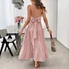 8 cores, popular nos mercados europeu e americano, vestido feminino sem costas com amarração no pescoço, saia em camadas, detalhe de amarrar e um grande laço na cintura, qualidade de exportação