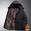 Roupas de Algodão Acolchoado Grossas com Forro de Lã para Homens de Meia-idade e Idosos no Inverno Jaqueta com Capuz Masculina Casual Versátil de Comprimento Médio Casaco Quente Acolchoado de Algodão