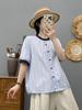 Camisa de Manga Curta Estilo Coreano com Bolinhas Contrastantes para Mulheres no Verão, Solta, Slim e Versátil, Top de Camisa com Gola Redonda que Reduz a Idade
