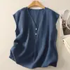 Nuevo top tipo chaleco de algodón y lino, una camisa de verano ligera y casual con escote en V, corte holgado y efecto adelgazante, y es sin mangas