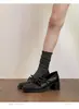 Zapatos Mary Jane Cuadrados de Cuero Suave Estilo Retro Francés de Nuevo Estilo Primavera para Mujer con Correas Cruzadas y Lazos, Tacón Grueso Suave