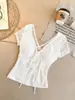 5251 # Top de encaje de manga corta para mujer, verano puro y sexy, espalda descubierta con escote en V, entallado a la cintura, adelgazante, con copas en el pecho, camiseta de manga corta
