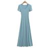 Elegante y favorecedor vestido de manga corta con cuello en V para mujer, Verano 2025, entallado en la cintura, adelgazante, estilo sencillo, vestido largo de chica guapa