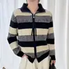 Suéter de Tricô com Zíper e Gola Alta Color Block Listrado Estilo Coreano para Mulheres Outono/Inverno Peça Externa Solta Preguiçosa Toque de Luxo Cardigan de Tricô Casaco