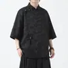 Traje Tang de Estilo Chino Nuevo Estilo Verano 2026 con Mangas de Tres Cuartos, Cierre Diagonal, Botones de Cobre, Estilo Chino Retro, Talla Grande para Hombre, Mangas Cortas de Jacquard