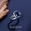 Anillo Ajustable Rectangular de Corindón Rojo, Zafiro, Espinela de Lujo Ligero, Anillo de Cobre Vintage Esmeralda con Circonita Completa para Mujer