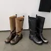 Botas de montar de dos tonos para mujer, botas largas desgastadas, nuevo estilo otoño e invierno, cuero genuino, punta redonda, correa con hebilla, botas altas rectas para mujer