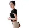 Blusa Feminina Verão 2020 Novo Estilo Coreano Base Solta Emagrecimento Manga de Lótus Renda Manga Curta Chiffon Top para Mulheres