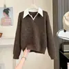 Suéter suave de manga larga para otoño e invierno para mujer, corte holgado, tejido, grueso, con color contrastante y cuello brillante