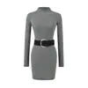 2026 Vestido Corto Ajustado Sexy de Algodón con Cuello Alto y Cinturón, Sin Mangas y de Manga Larga, Vestido Base Ajustado para Mujer, Otoño e Invierno
