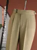 Whale Lion [Calça de Sarja com Pregas Únicas Estilo Old Money Nápoles] Calça de Corte Reto Business Casual de Alto Padrão Calças de Verão