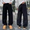 Calça jeans de alta qualidade em denim preto lavado para homens, corte reto e solto, nova coleção outono 2026, estilo high street americano, calça pantalona fluida