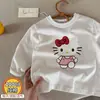 Camiseta de manga larga de algodón puro para niña, top redondo de dibujos animados Hello Kitty elegante para primavera y otoño, camiseta básica fina de moda