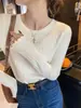 Top de Manga Larga con Ribete Blanco para Mujer Ropa Interior Otoño Temprano Nuevo Suéter de Cuello Redondo de Punto Ajustado