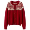Moda Coreana Elegante e Simples 2026 Outono e Inverno Novo Suéter Cardigan de Cashmere Jacquard Fair Isle com Gola Redonda Jaqueta Casual Feminina