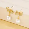 Brincos de pérola com laço totalmente cravejados de diamantes, estilo francês de luxo leve, para mulheres, brincos requintados e sofisticados com design de nicho