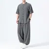 Verano 2026 Delgado Estilo Chino Hombres Retro Traje Tang Chino Talla Grande Holgado Seda de Hielo Manga Corta Camisa Conjunto de Hombre