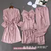 Pijama Feminino de Verão Fino Seda Gelada Renda Sexy Alça Longa Camisola Conjunto de Quatro Peças Roupas Caseiras Femininas com Bojo