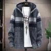 Jaqueta de tricô com blocos de cor, nova para outono e inverno, comércio exterior transfronteiriço, jaqueta cardigan com capuz, forrada de fleece, tamanho grande, estilo europeu e americano