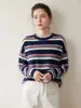 Tricô de Caxemira Colorido com Listras e Gola Redonda Novo para Outono e Inverno para Mulheres, Tricô Fashionável e Casual para Camadas Internas, Tricô Soltinho Estilo Coreano