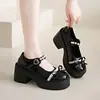 2025 Novo Estilo Outono Renda Laço Fivela Coração Pérola Elegante Fashionável Salto Grosso Mary Jane Sapatos Pequenos de Couro