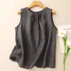 Colete sem mangas de cor sólida em algodão e linho com estilo artístico para mulheres, top fino de verão soltinho emagrecedor sem mangas, blusa de algodão e linho