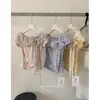 Y.Jia Yijia-Dulce de Un Hombro Cuadros Volantes Patchwork Lazada Camisa de Manga Corta 7766