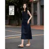 Filtro de Mezclilla Verano Retro Cuello Redondo Sin Mangas Cintura Fruncida Retorcida Vestido de Mezclilla Adelgazante para Mujer Longitud Media