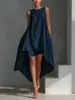 Vestido Feminino de Algodão e Linho para Férias, Estação Europeia e Americana da Amazon, Estação Independente, Curto na Frente, Longo Atrás, Irregular, Sem Mangas, Primavera 2026