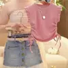Conjunto de Verão para Meninas 2025 Novo Moda Estilo Coreano Manga Curta Crianças Calça Culotte Jeans Conjunto de Duas Peças Tendência