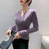 Camiseta Sexy Decote V Cruzado Feminina Manga Longa Design Europeu Estilo Ocidental Top Camisa Slim para Sobreposição Feminina Primavera & Outono