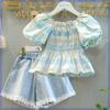 Ropa para Niños Traje de Verano para Niñas 2025 Nuevo Moda Infantil Camisa de Manga Abullonada Jeans para Niños Medianos y Grandes Conjunto de Dos Piezas