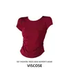 Gola Redonda, Ombro Normal, Cintura Marcada, Camiseta de Manga Curta para Mulheres, Estilo Verão, Petite, Estilosa, Franzida, Slim Fit, Top Curto Vermelho