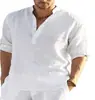 Camiseta Masculina de Linho Manga Longa Moletom Solto Cor Sólida Manga Longa Algodão e Linho Tamanho Grande Masculino Dropshipping
