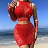 Traje de baño sexy transfronterizo de red hueca pequeña con perforaciones calientes, falda para cadera, traje sexy de manga larga, ropa de red con pedrería, manga larga, tz629