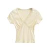 Camiseta feminina com decote em V e orelhas de madeira, nova moda verão 2025, renda pura, slim fit, emagrecedora, manga curta, para mulheres
