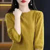 Top de tricô canelado com gola redonda em algodão puro, novo estilo outono, moda coreana, blusa básica estilosa, de manga curta, soltinha, cor sólida para mulheres