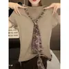Camiseta de Manga Corta Empalmada de Seda de Diseñador Talla Grande para Mujer, Nuevo Estilo Verano 2026, Cubre el Cuerpo, Top Versátil para Ropa Exterior