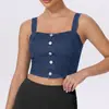 Roupa de Yoga Jeans Feminina Transfronteiriça, Alta Elasticidade, Bojo Integrado no Peito, Colete Esportivo Fitness, Top Sem Mangas de Secagem Rápida para Usar por Cima